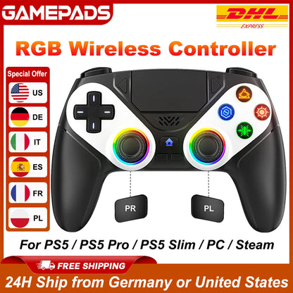 RGB Gamepad For Playstation 5/PS5 Pro/Slim/PC Wireless PS5 Controller 3D Game Joystick Dual Vibration Macro/Turbo Function