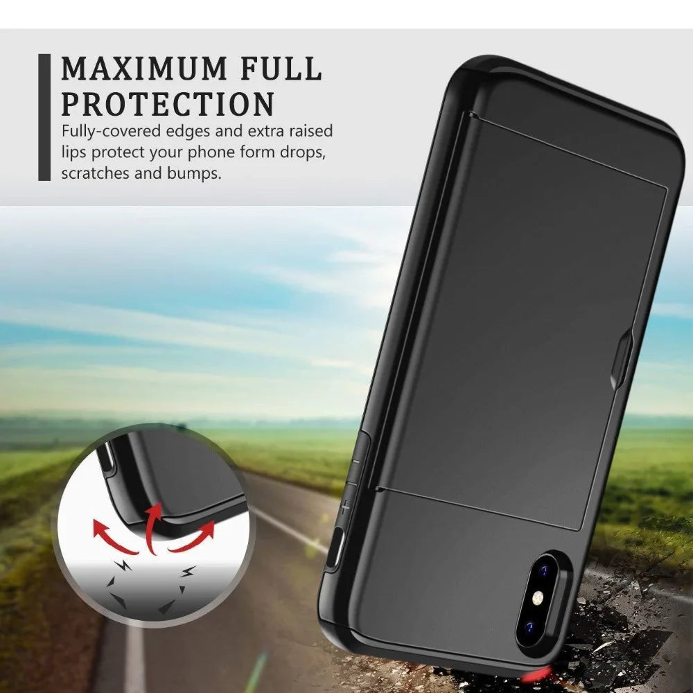 Armor Slide Card Case For iPhone 16 15 14 13 12 Pro 11 11Pro Max Card Slot Holder Cover 16 Pro Max X XS Max XR Fundas Capa