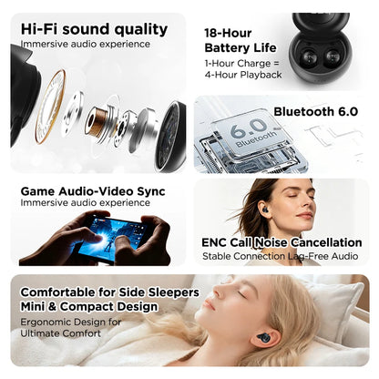 HTC NE91 Ultra Light TWS Bluetooth Sleep Headset ANC Active Noise Cancellation  Sleep Aid Earbuds Relieve Insomnia Anti Noise