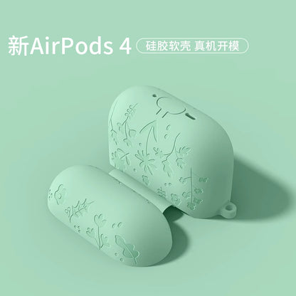 For AirPods 4th Generation Case with Cleaner Kit/Keychain Flower Engraved Silicone Shockproof Cover for 2024 AirPods 4 Case New