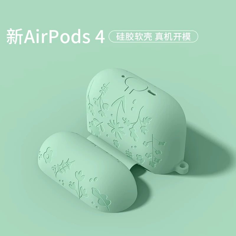 For AirPods 4th Generation Case with Cleaner Kit/Keychain Flower Engraved Silicone Shockproof Cover for 2024 AirPods 4 Case New