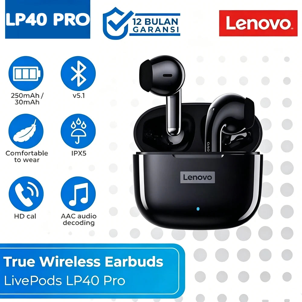 Lenovo LP40 Pro Wireless Earbuds Bluetooth 5.1 25H Playtime USB-C Fast Charge Deep Bass Touch Control IPX5 Sport Headphones