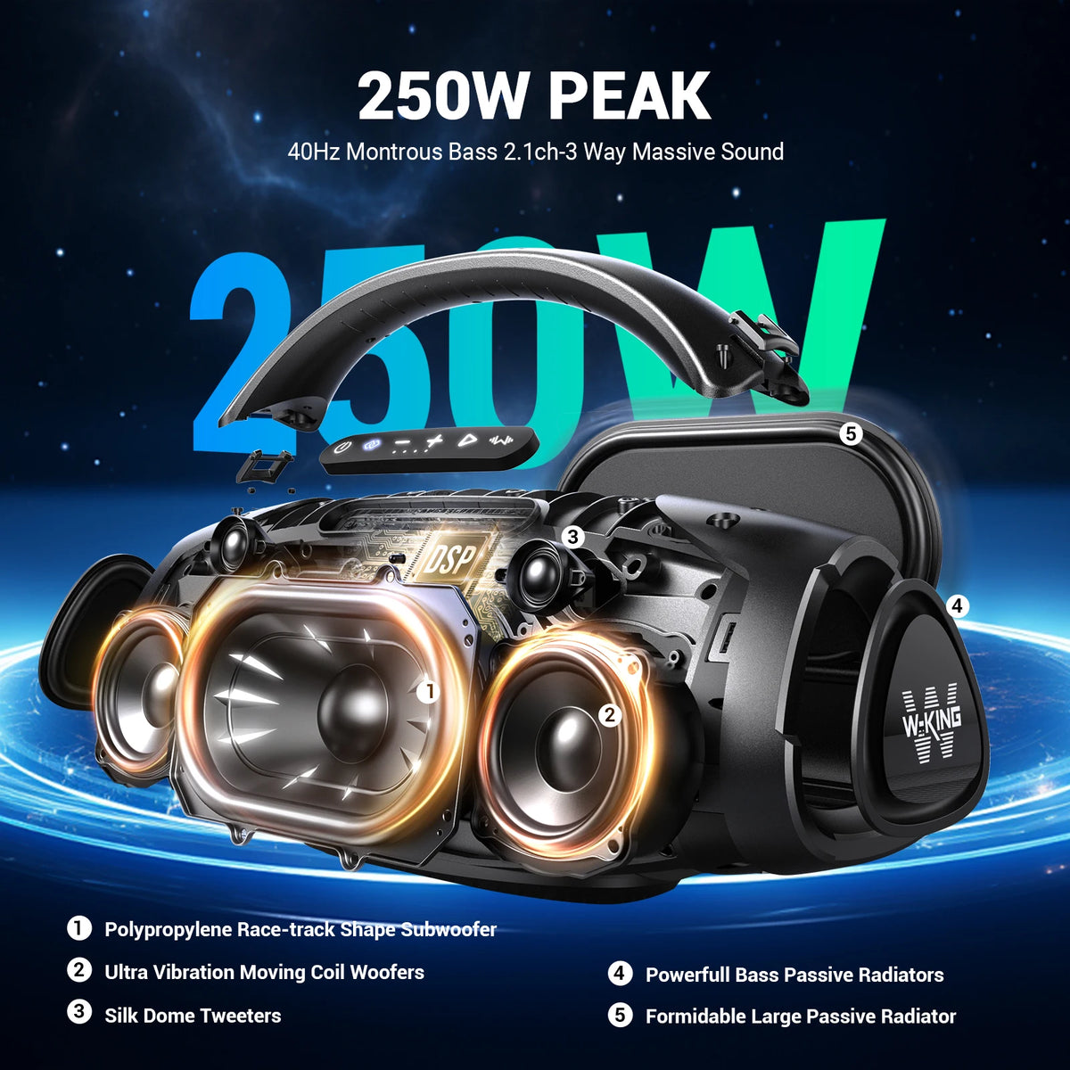 W-KING X20S Bluetooth Speaker W/Strap140W RMS Massive Bass Party Boombox IPX7 Waterproof Speaker Loud Outdoor Portable Sound Box