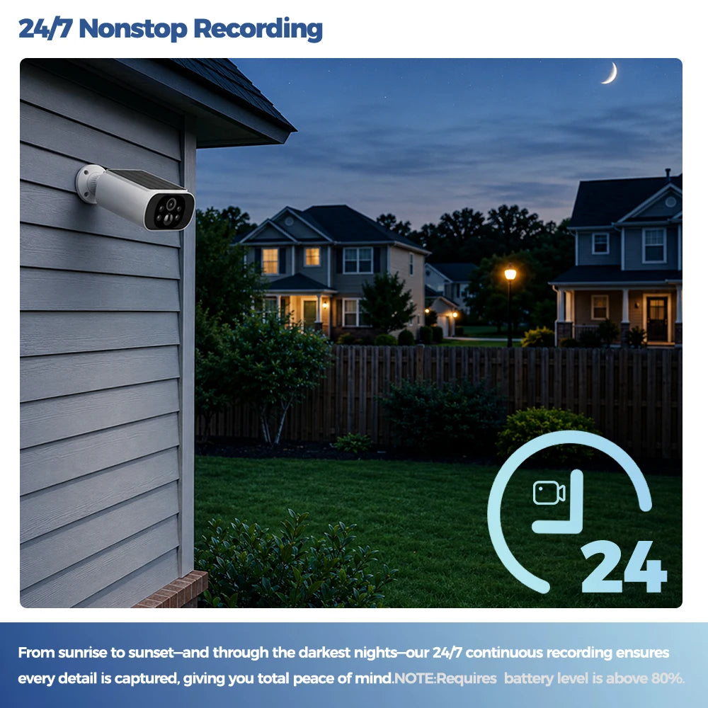 2.5K Solar Security Camera Wireless Outdoor WiFi Camera Long Standby,24/7 Recording,Color Vision,AI Detection Surveillance Cam