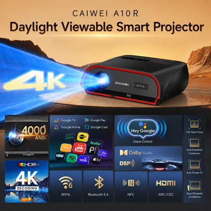 CAIWEI A10R Google TV 4K Projector 4000 ANSI Full HD 1080P Android 14 Home Theater for Movies Auto Focus Portable Projector Beam