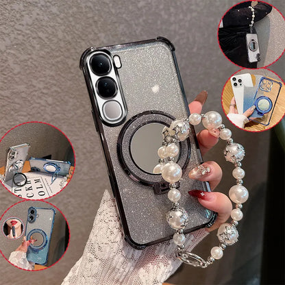 Bling Glitter Lipstick Mirror Stand Phone Case For Vivo Y31 5G Y21D With Pearl Chain Girls Women's Anti-drop Shockproof Cover