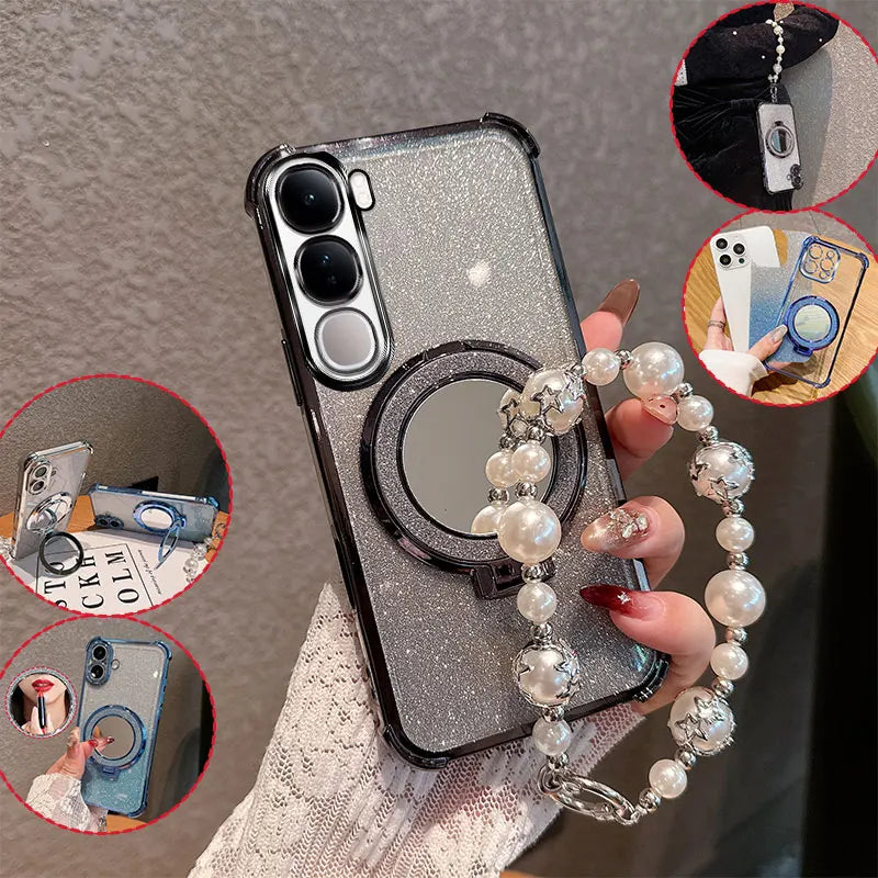 Bling Glitter Lipstick Mirror Stand Phone Case For Vivo Y31 5G Y21D With Pearl Chain Girls Women's Anti-drop Shockproof Cover