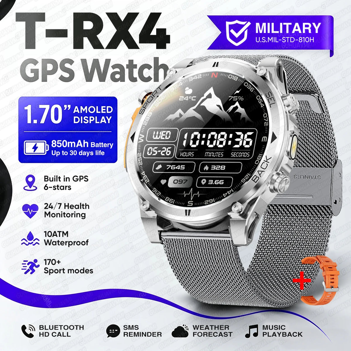 T-RX4 Ultra GPS Outdoors Military Smart Watch Men 1.7" AMOLED Compass 10ATM Waterproof 850mAh Battery Bluetooth Call Smartwatch