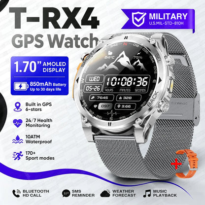 T-RX4 Ultra GPS Outdoors Military Smart Watch Men 1.7" AMOLED Compass 10ATM Waterproof 850mAh Battery Bluetooth Call Smartwatch