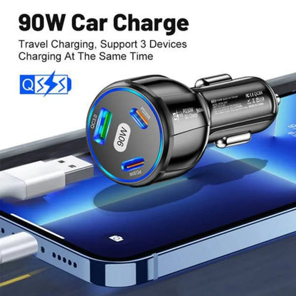 90W 3 Port Car Charger Super Fast Charger QC3.0 PD30W PPS High-Power Cigarette Lighter Fast Charger for iPhone/Huawei/Samsung