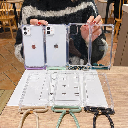 Crossbody Necklace Cord Lanyard Transparent Phone Case For iPhone 16 15 13 Pro Max 12 11 7 8 Plus X XR XS Strap Hang Rope Cover