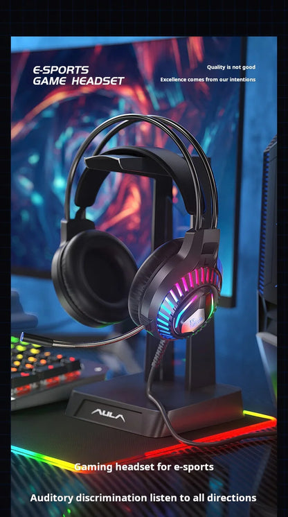AULA S605 Wired Gaming Headset 50mm Driver Dual 3.5mm+USB RGB Bass for PC/Laptop/PS4/Over-Ear Headphones