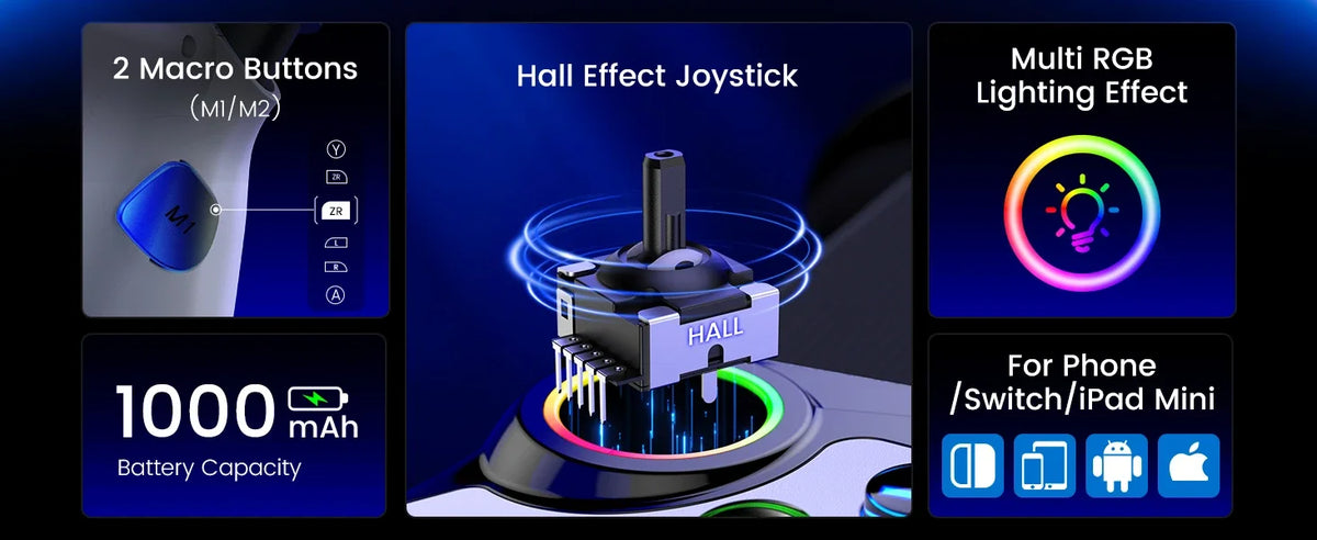 Beboncool Handy Controller for Iphone/Android/Switch 2/Switch/Oled, Mobile Controller with Rgb Light, Hall Effect Joystick
