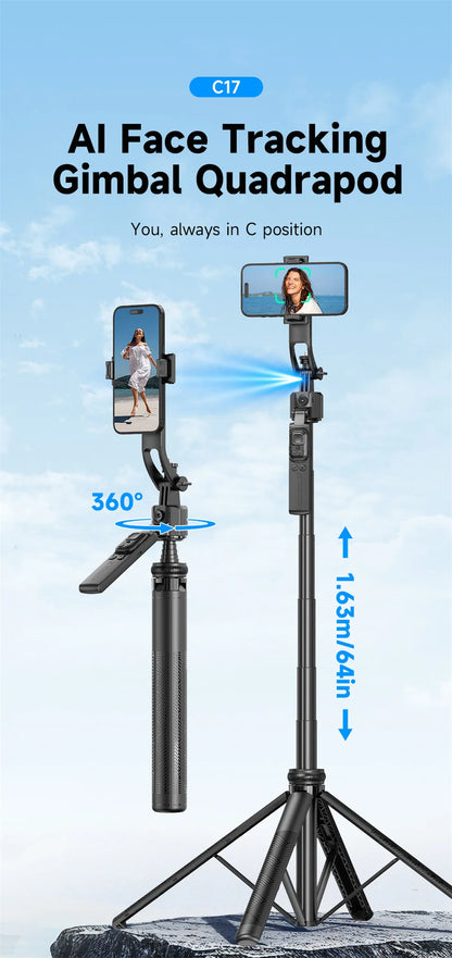 Selfie Stick Tripod Gimbal for Cell Phone 360° Auto-Rotation AI Tracking Stabilizer Shooting Quadrapod with Optional Fill Light