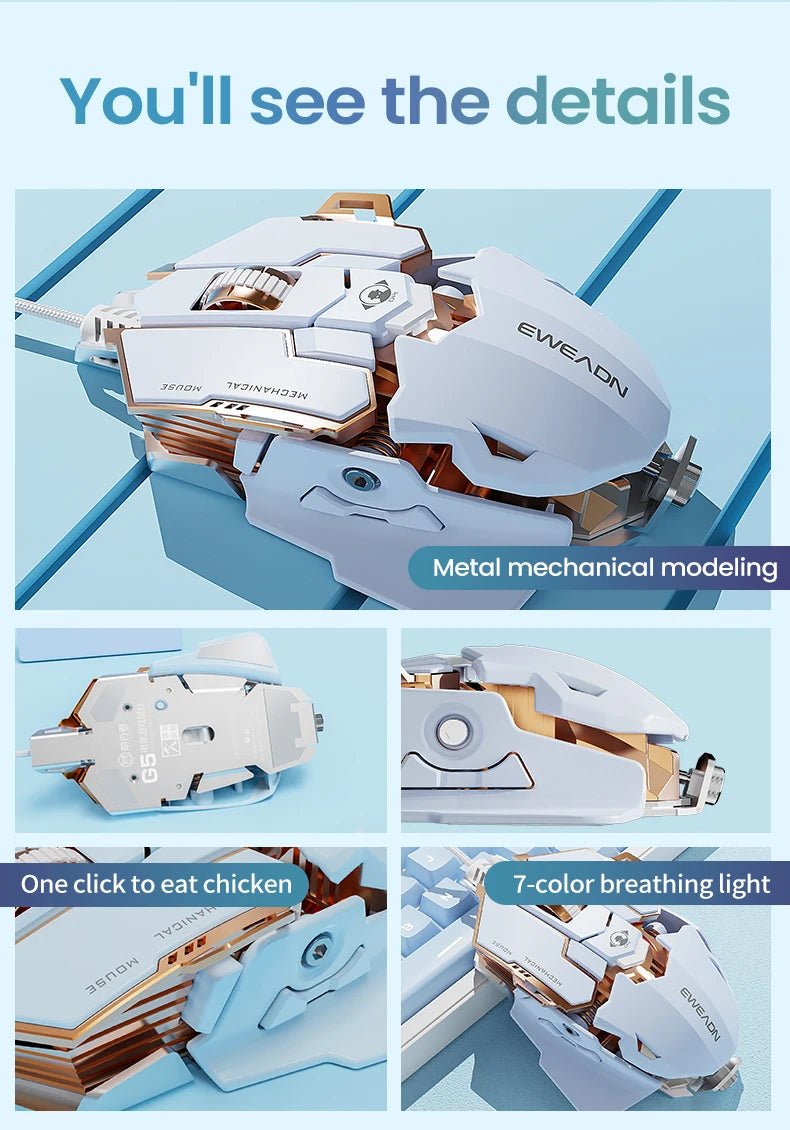 EWEADN G5 USB Wired Gaming Mouse Silent or audible optional, Buttons Macro Function Keys, for desktop, laptop, computer, school