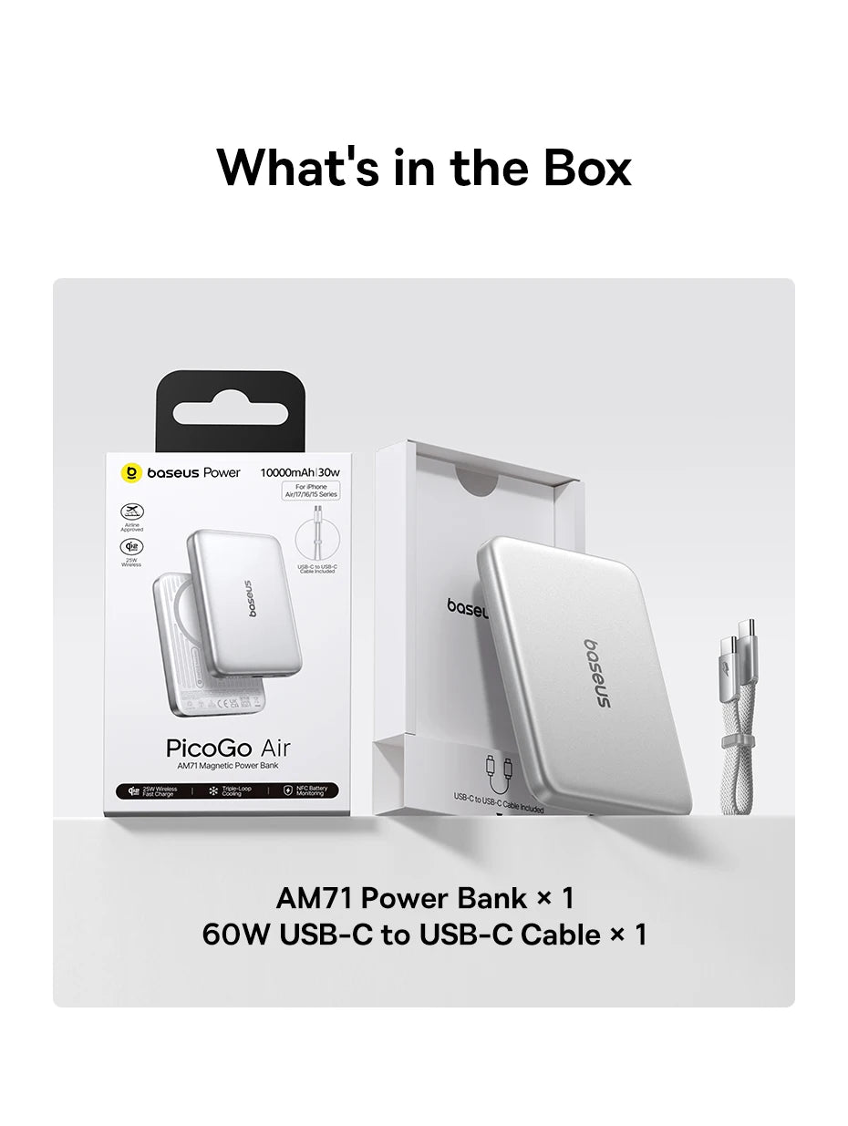 Baseus Qi2.2 Magnetic Power Bank 30W USB-C & 25W Wireless Charging 10000mAh Card-Slim NFC Battery Monitoring for iPhone Samsung