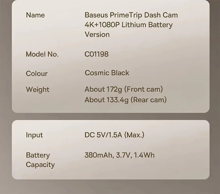 Baseus 4K Dash Cam for SONY Sensor STARVIS Night Vision Front and Rear Car Camera ADAS WiFi6 GPS 24H Parking Dashcam