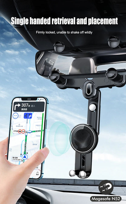 Universal Magnetic Car Mirror Mobile Phone Holder – 360° Rotation, Adjustable – For Car Navigation
