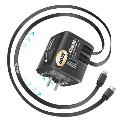 W & O 60W GAN Fast Charger for iPhone, Retractable Phone Charger Wall Plug with Type‑C & Compatible Lightning Cables, for iPhone 17/16/15, Galaxy S25/24, Android Devices