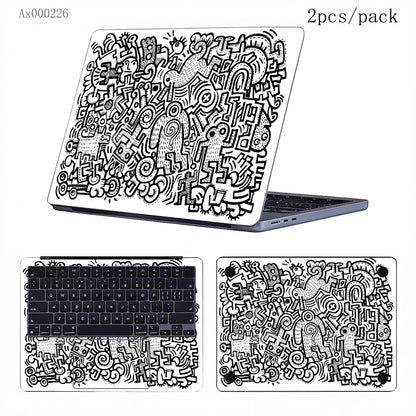 2Pcs Black White Doodle Laptop Skin, Waterproof Vinyl Graffiti Laptop Decal Art Stickers for MacBook HP Dell Universal Laptop