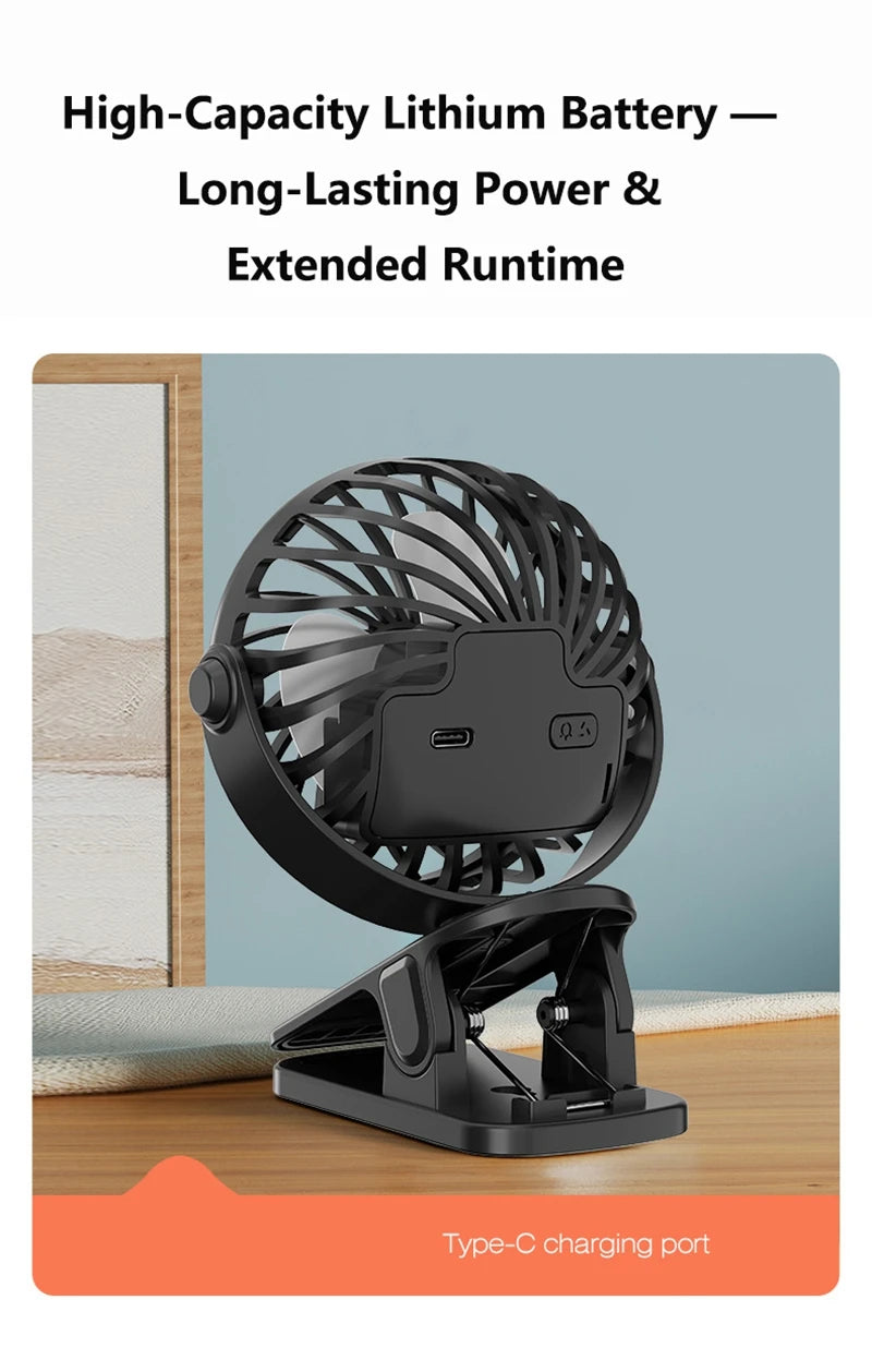 720°Rotatable Clip Fan Mini Cooler Fan Built In Night Lamp USB Rechargeable Personal Portable Fan For Outdoor Camping Ventilador