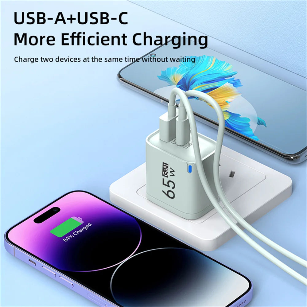 65W USB-C Fast Charger PD Type-C Dual Ports Mobile Phones Charging Adapter EU US UK Plug For iPhone Samsung Xiaomi