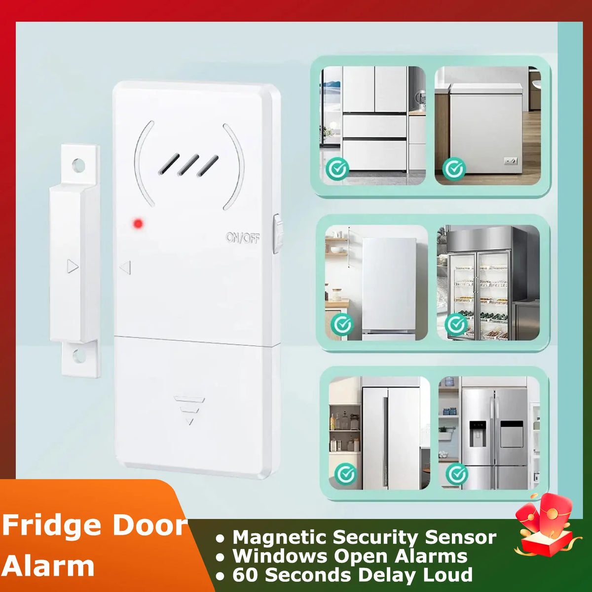 Magnetic Security Sensor Refrigerator Door Alarm Windows Open Alarms 60 Seconds Delay Loud 96 DB for Home, Store, Office