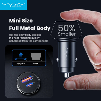 Vyvylabs 65W Car Charger Zinc Alloy Mini USB-A Type-C Fast Charging Adapter DC12V-24V Car Max 65W for iPhone 17 Samsung Huawei