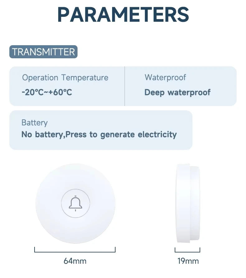 Outdoor Waterproof Circular Self Generating Wireless Doorbell Compatible With Ac 110v-240v Us/Eu Plug Ultra Long Distance Caller