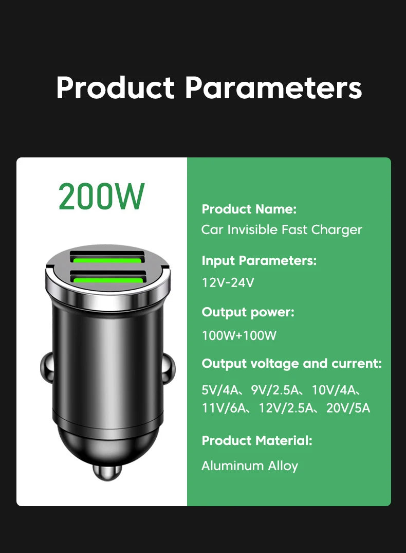 200W Dual USB Car Charger Fast Charging Pull Ring Car Phone Charger Adapter For iPhone Samsung Huawei Xiaomi Cigarette Lighter