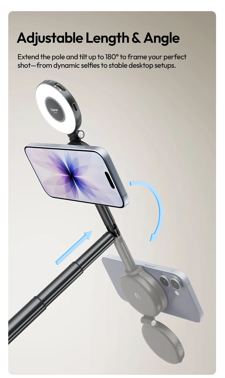 Ulanzi MT71 Magnetic Mini Selfie Stick Telescoping Pole Phone Handle Desktop Tripod for iPhone 17 16 15 14 Android for Travel