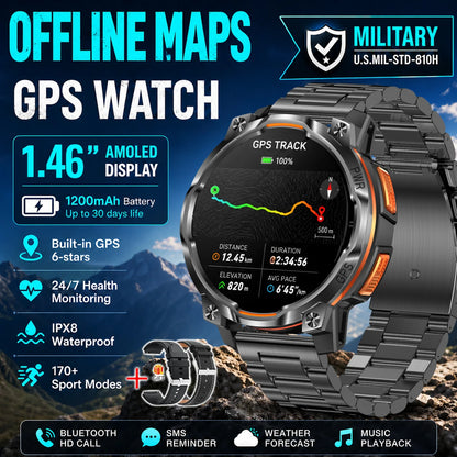 Men Outdoor GPS Smartwatch Offline Map 107 Sport Modes 1200mAh Battery BT Call Heart Rate BP SpO2 Fitness Sports Wrist Watch