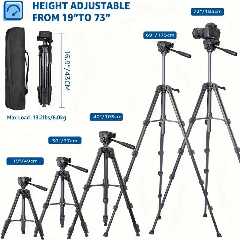 Professional 73 Inch Camera Tripod Heavy Duty Stand with Phone Holder Travel Bag for DSLR SLR DV Projector Photography