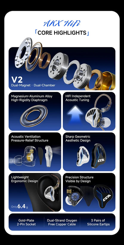 CCA-akx Wired In-Ear Headphones for Live Monitoring, High-Quality HiFi, 3.5mm Interface with Dedicated Anchoring.