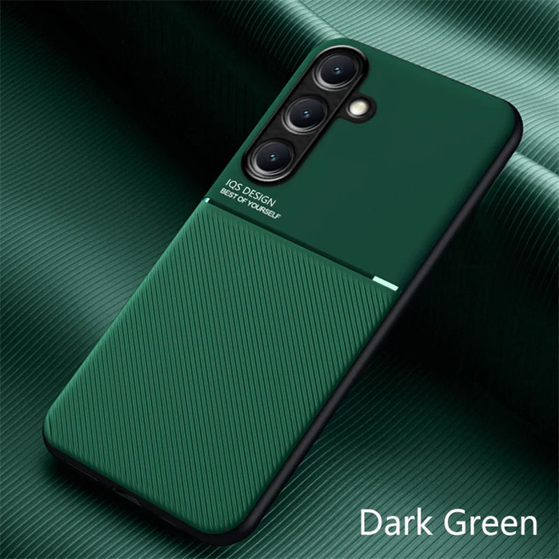Car Magnetic Holder Leather Plate Phone Case for Samsung Galaxy S25 S22 S23 S24 Ultra Plus Edge S21 S20 FE 5G Soft Back Cover