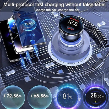 230W Car Charger PD QC 3.0 Fast Charging 3‑in‑1 Coiled Cable L-Port Type‑C Micro USB Dual Port Car Phone Charger with LED Displa