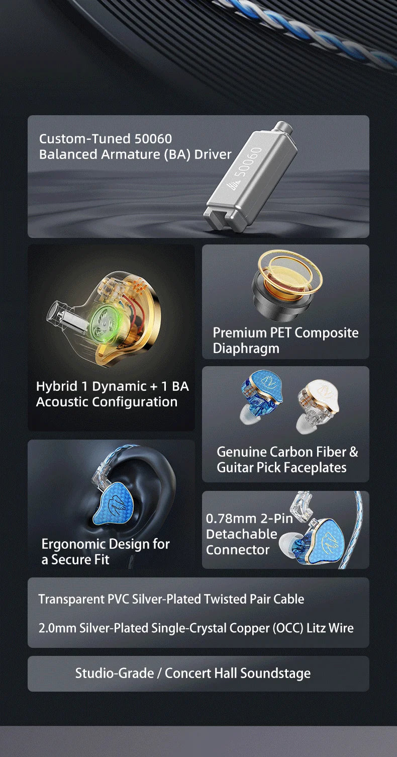 Wired Earphones for iPod, Hybrid 1DD 1BA HIFI In-Ear Headphones Deep Bass 3.5mm Detachable Cable Noise Isolation Headset