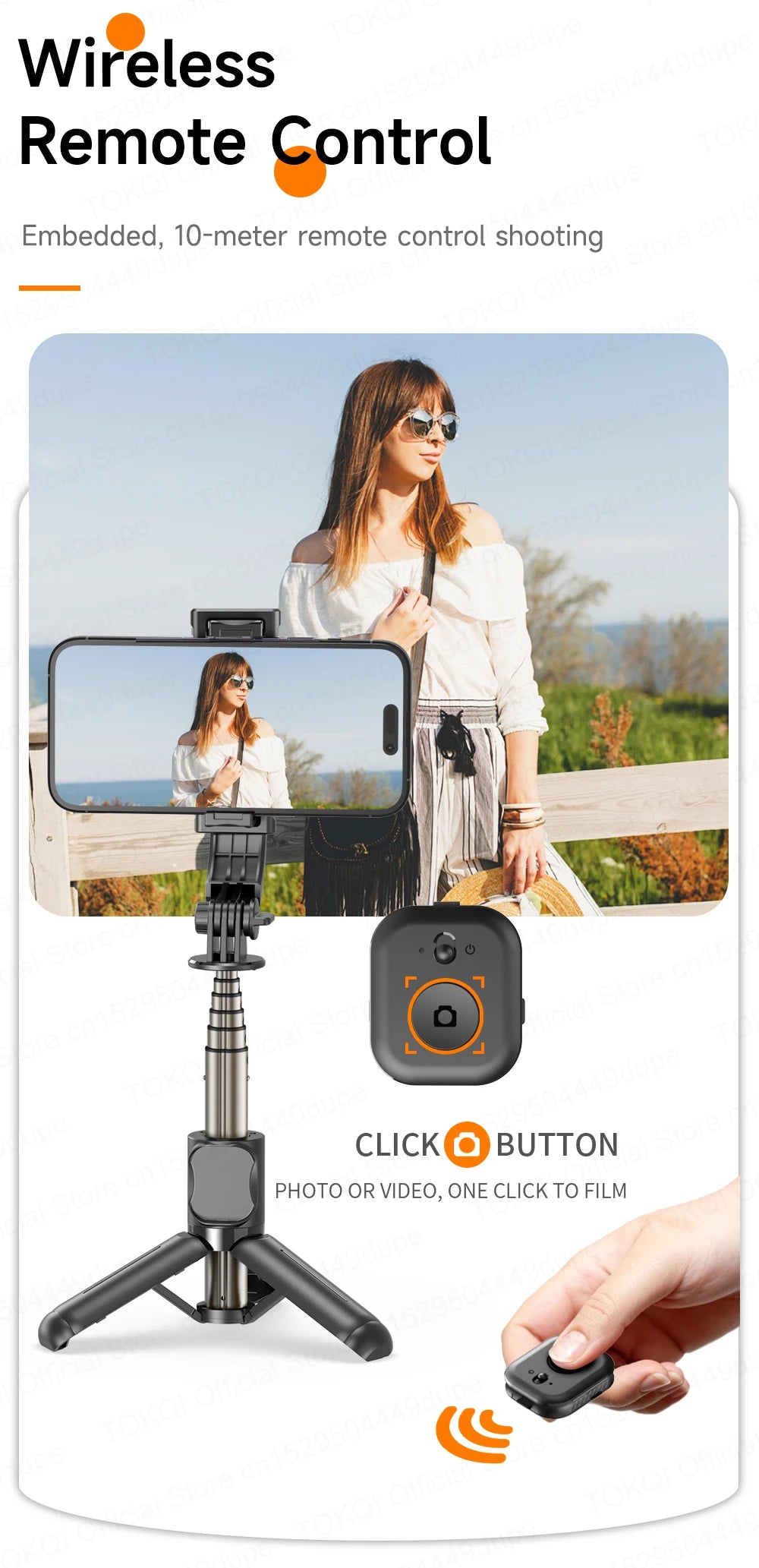 TOKQI Mini Selfie Stick Tripod with 3 Color Fill Light Detachable Holder 360 Rotation Bluetooth Remote for Vlog Live Streaming