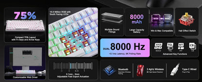 YUNZII RT75 PRO Dual 8K Wireless Gaming Keyboard, Rapid Trigger Mechanical Hall Effect Magnetic Keyboards, RGB Custom SOCD/DKS