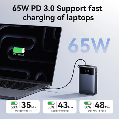 Vention 65W Power Bank 20000mAh Built-in USB-C Cable Portable Powerbank for Laptop PD Fast Charger for iPhone 18 Samsung S26 S25