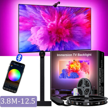 TV Sync LED Backlight with Mnini Camera, RGBIC Strip Light, Bluetooth APP & Remote Control, Music Sync, 3.8M/5M USB Lamp Tape