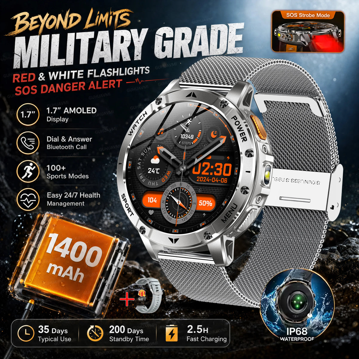 Ultra Large 1400mAh Battery Sport Smartwatch 1.7” Heart Rate Tactical Strong Flashlight 5ATM Waterproof Call Smart Watch For Men