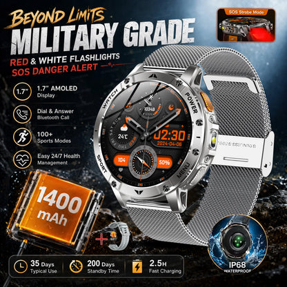 Ultra Large 1400mAh Battery Sport Smartwatch 1.7” Heart Rate Tactical Strong Flashlight 5ATM Waterproof Call Smart Watch For Men
