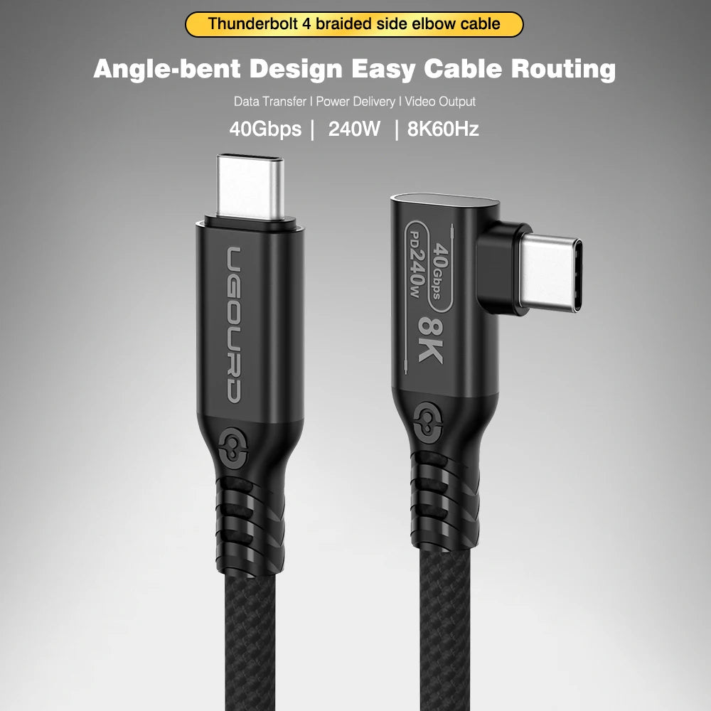 UGOURD Thunderbolt 4 Elbow USB4 Cable 40Gbps PD240W 8K@60Hz Type C to C 90 Degree Side Vertical Bend Braided Cable for SSD EGPU