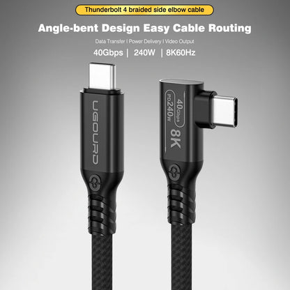 UGOURD Thunderbolt 4 Elbow USB4 Cable 40Gbps PD240W 8K@60Hz Type C to C 90 Degree Side Vertical Bend Braided Cable for SSD EGPU
