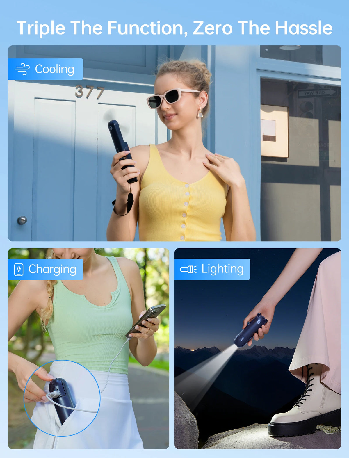 JISULIFE Portable Fan Mini Handheld Fan USB 4500mAh Recharge Hand Held Small 3 In1 Pocket Fan with Power Bank Flashlight Feature