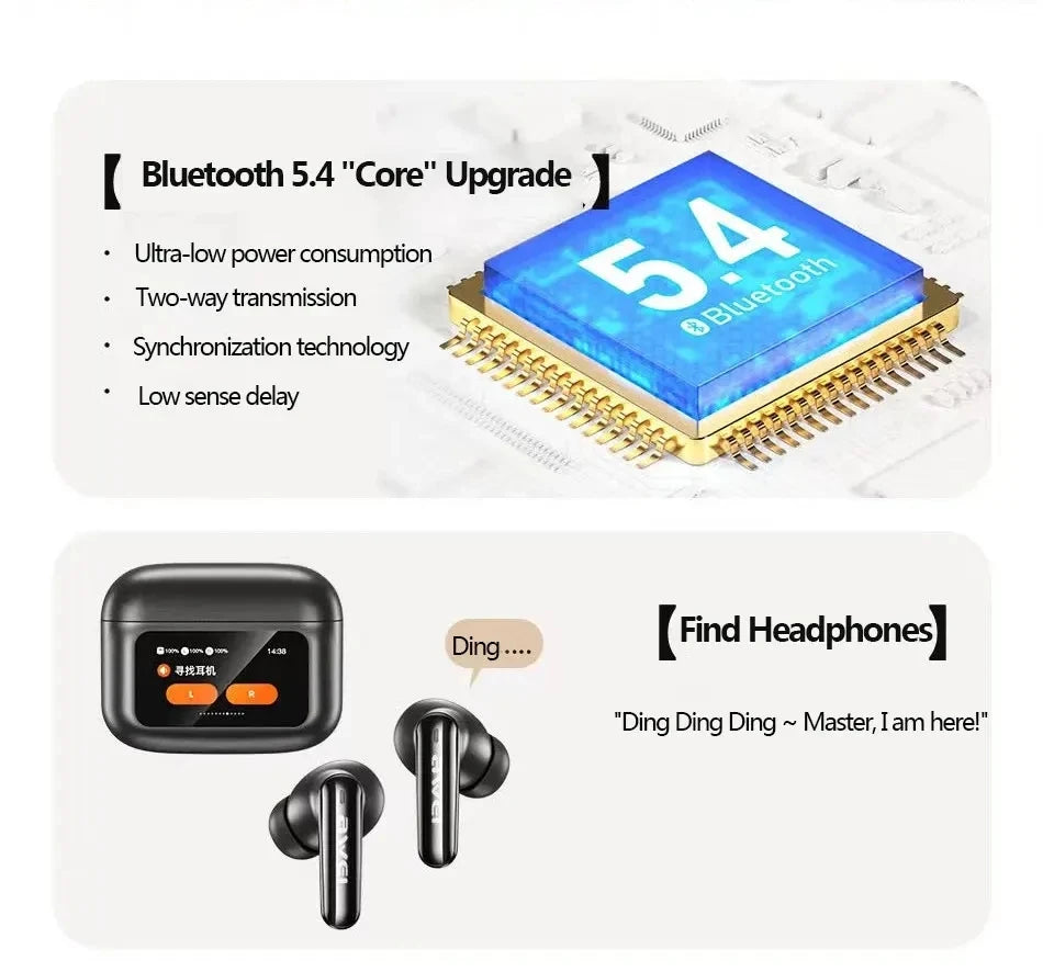 AWEI T56 ANC Wireless Bluetooth V 5.4 Earphones Noise Reduction Headphones Full-Color LED Touchscreen TWS Sport Headest With Mic