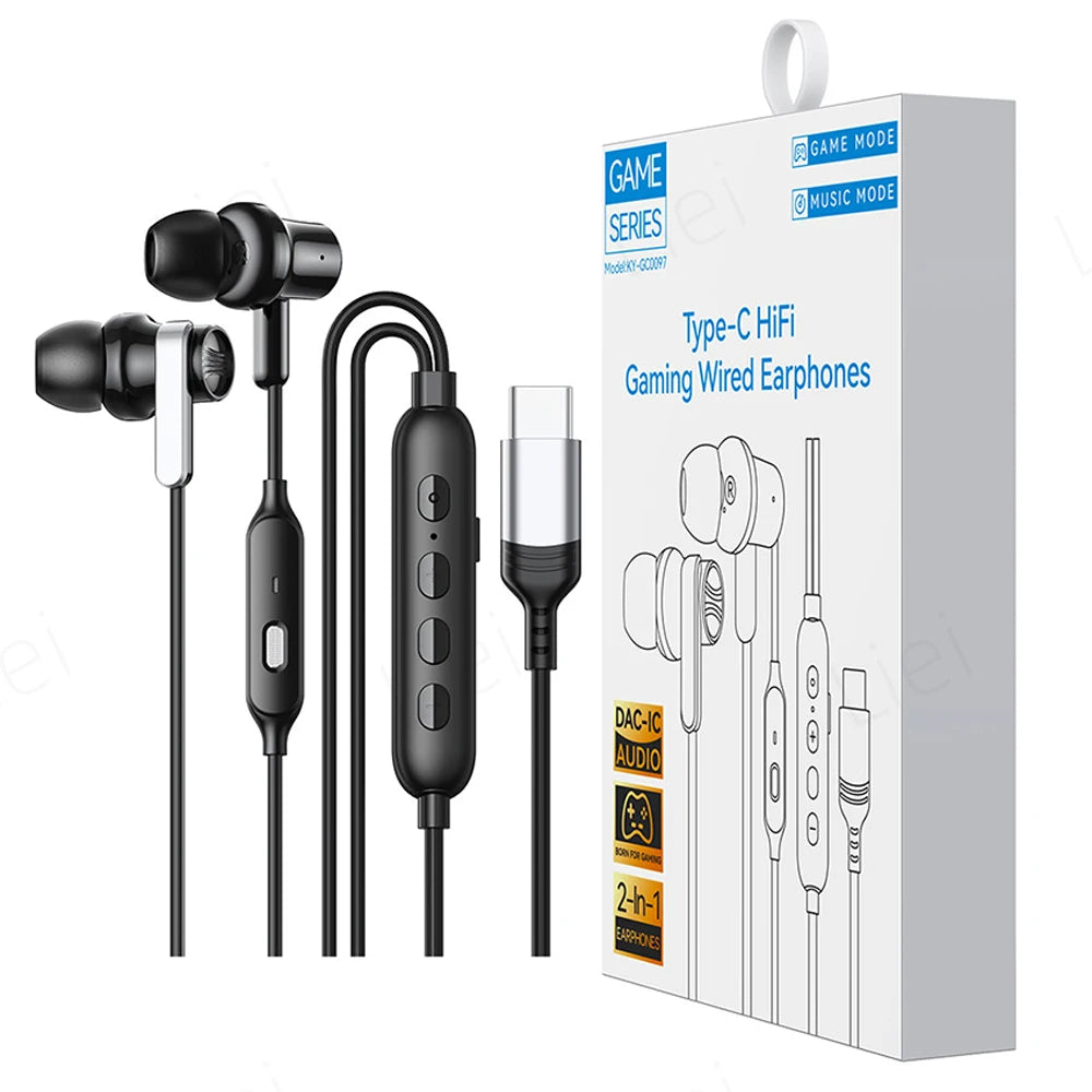 Gaming & Music HIFI Headphones for Samsung iPhone USB C Earphones Wired Type C Earbuds with One-key MIC Mute Volume Control
