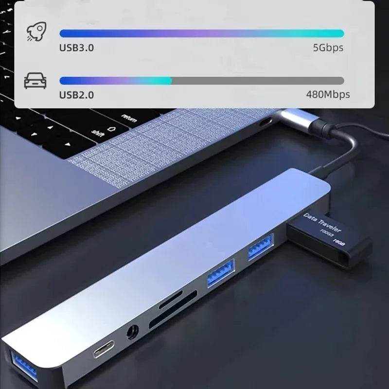 8 In 1 USB Type-C  HUB with Splitter Card Reader USB 3.0 2.0 SD/TF Splitter Card Reader Docking Station for HUAWEI Xiaomi PC