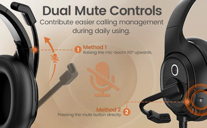 EKSA H2 Office Headset with Mic USB Wired Headphones ENC Noise Cancelling Over-Ear 40mm Mute Switch Volume Control Call Center